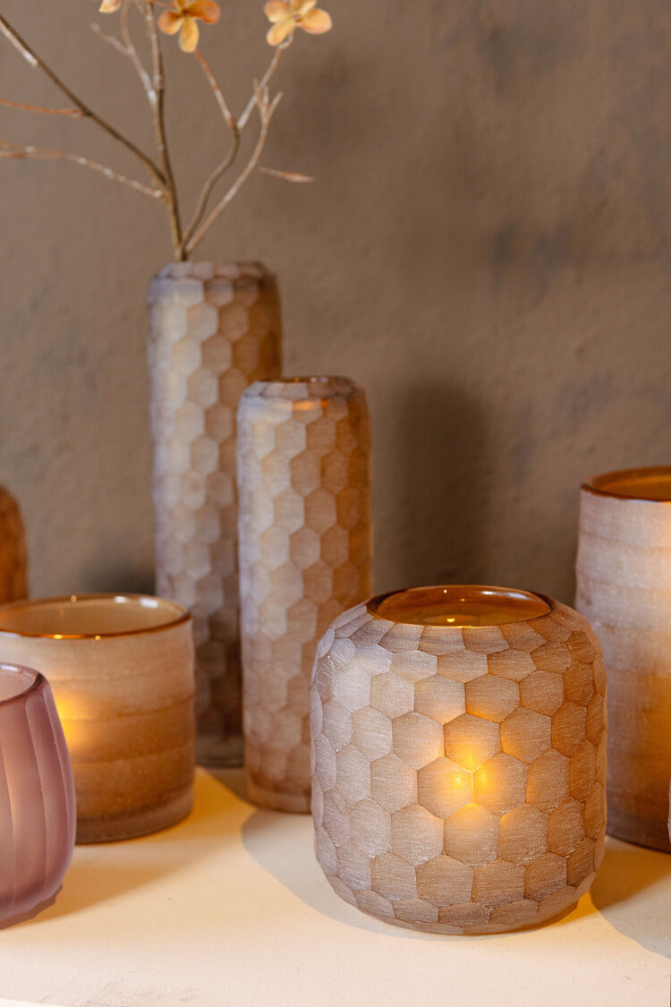 PTMD Collection Vaela Beige windlicht glas honingraatpatroon Small