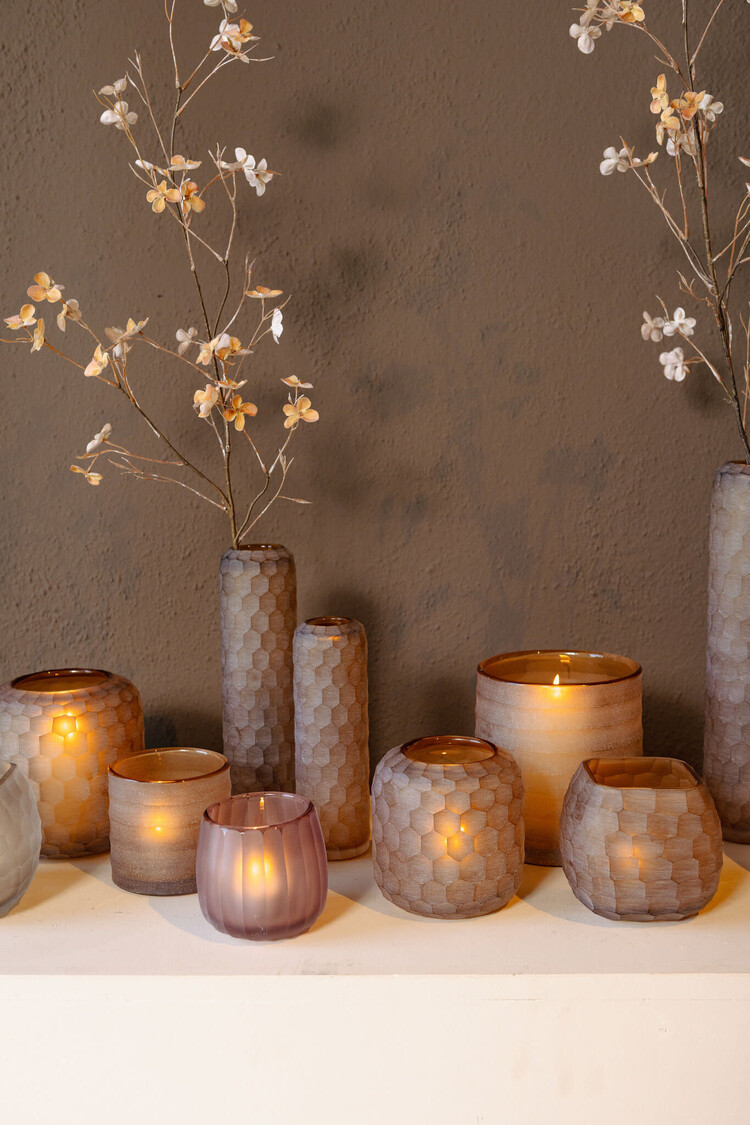 PTMD Collection Vaela Beige windlicht glas honingraatpatroon Medium