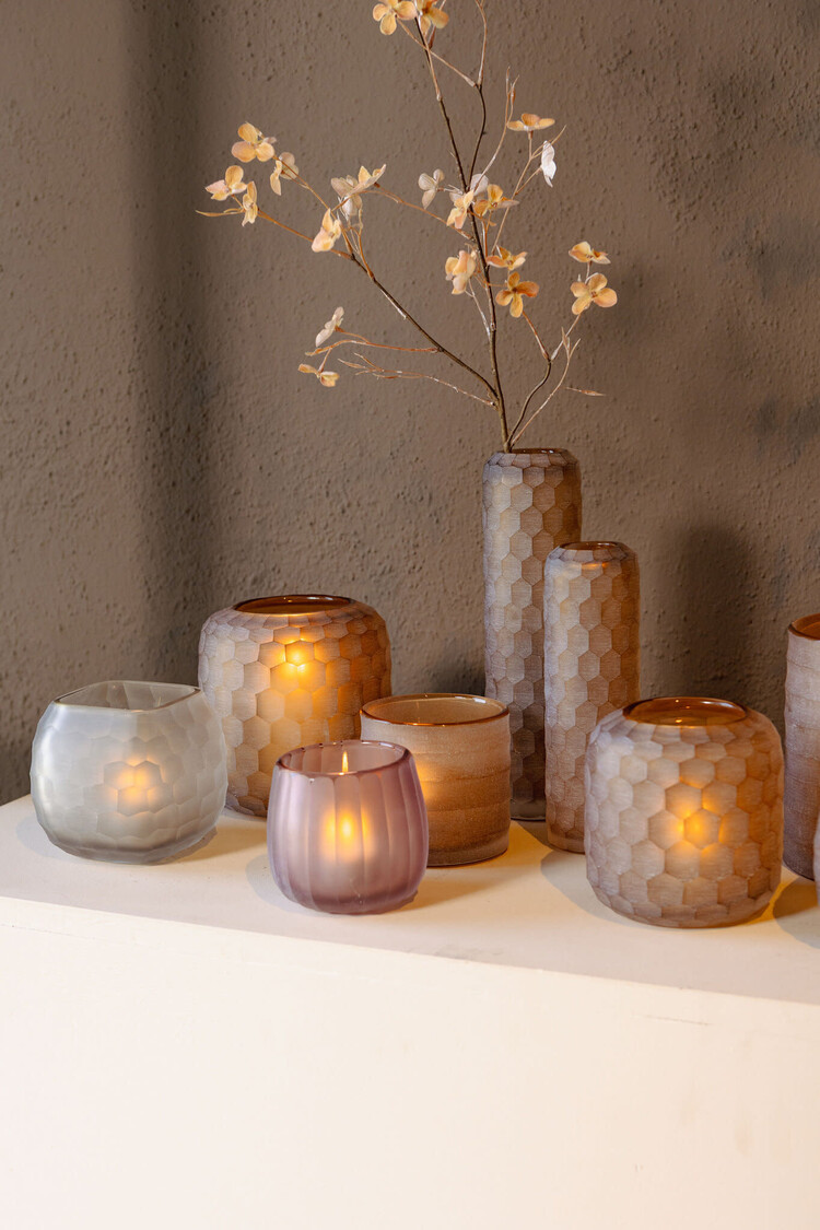PTMD Collection Vaela Beige windlicht glas honingraatpatroon Large