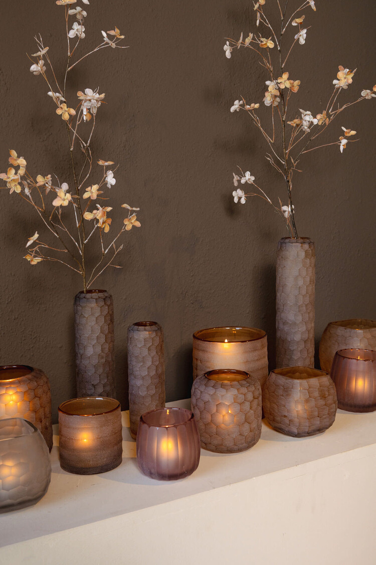 PTMD Collection Vaela Beige windlicht glas honingraatpatroon Large