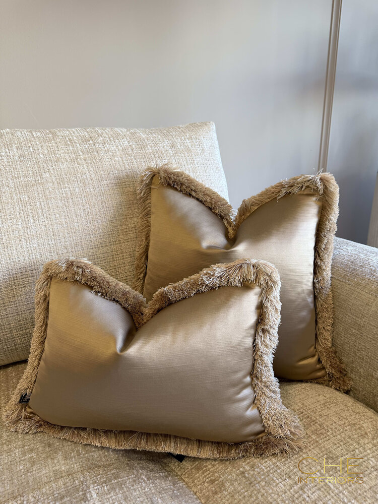 Brons interieur Sierkussen Elise shine fringe met franjes 45x45 cm