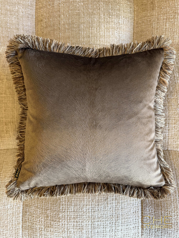 Brons interieur Sierkussen Embossed brown fringe met franjes 45x45 cm