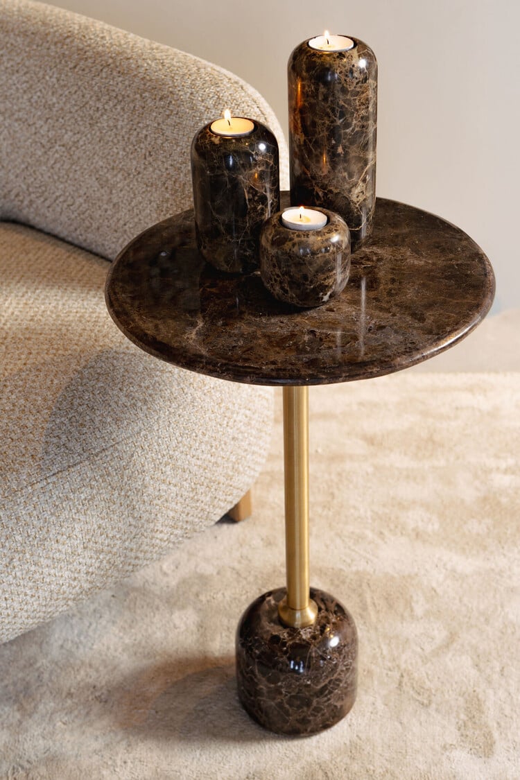 PTMD Collection Jari Dark Brown marble bijzettafel marmer rond hoog