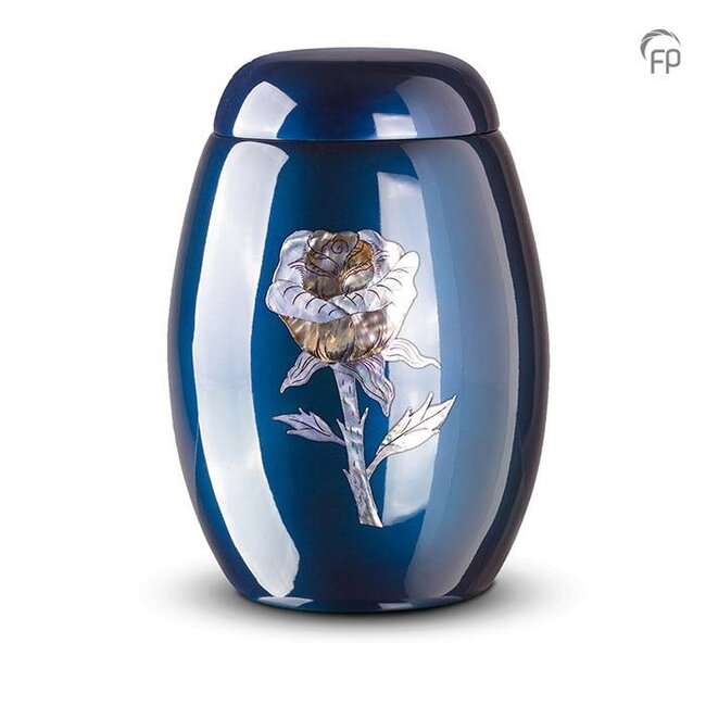 Glasfiber urn met roos - blauw