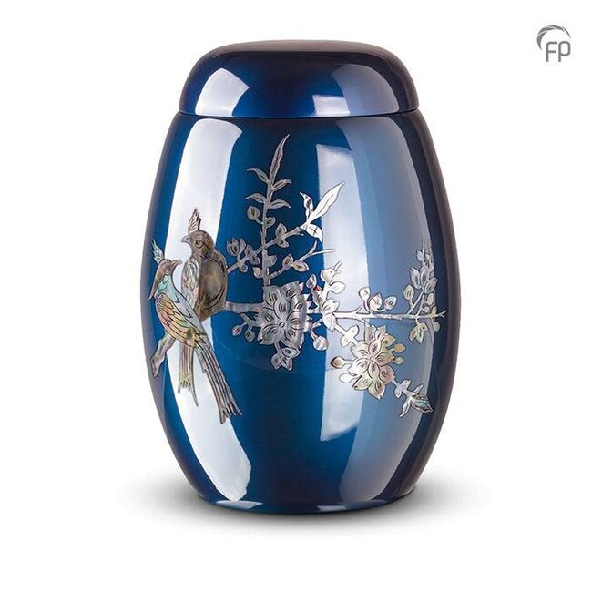 Glasfiber urn met vogels - blauw