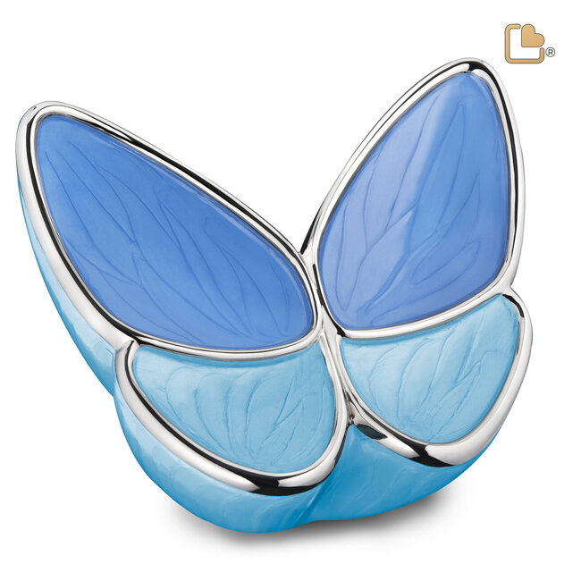 Vlinder messing urn - Parelblauw en zilver