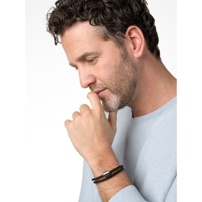 Gevlochten leder herenarmband met edelstaal ashouder - bruin