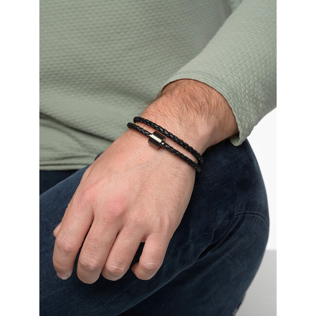 Gevlochten leder herenarmband met zwart edelstaal ashouder - zwart