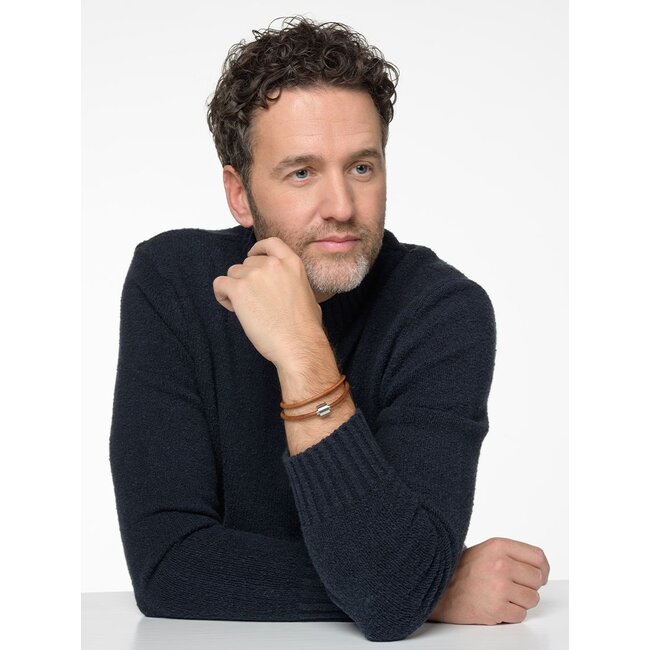 Glad leder herenarmband met edelstaal ashouder - cognac
