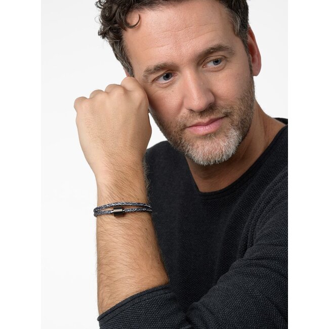Koord herenarmband jeans met zwart edelstalen ashouder