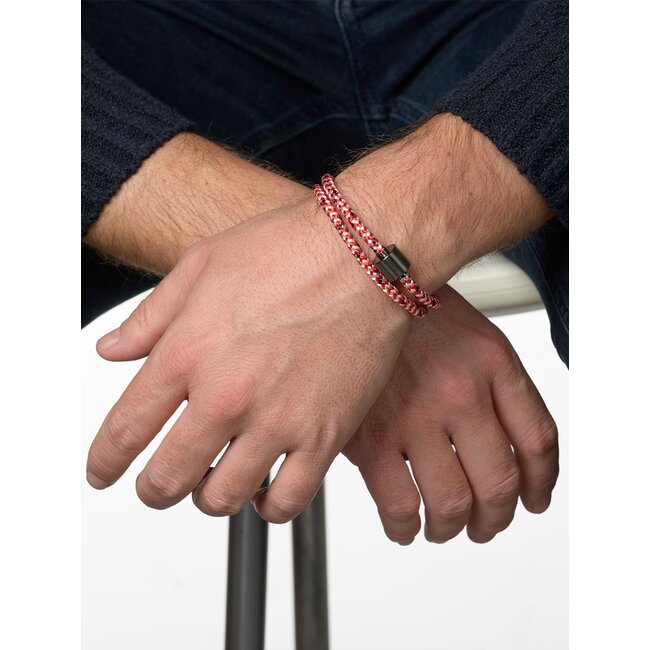 Koord herenarmband rood & wit met zwarte edelstalen ashouder