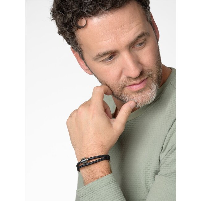 Koord herenarmband zwart met edelstalen ashouder