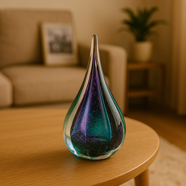 Kristalglazen mini-urn Sparkle druppelvorm groen-paars