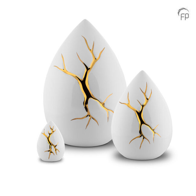 Keramische medium urn Kintsugi – wit & goudkleur