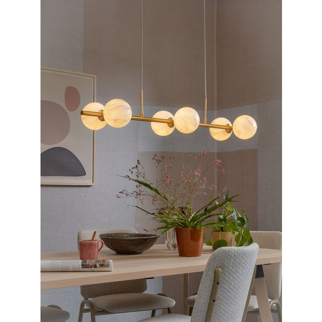 Hanglamp glas/ijzer Carrara 6-bol l.105xb.30cm wit marmerprint/goud