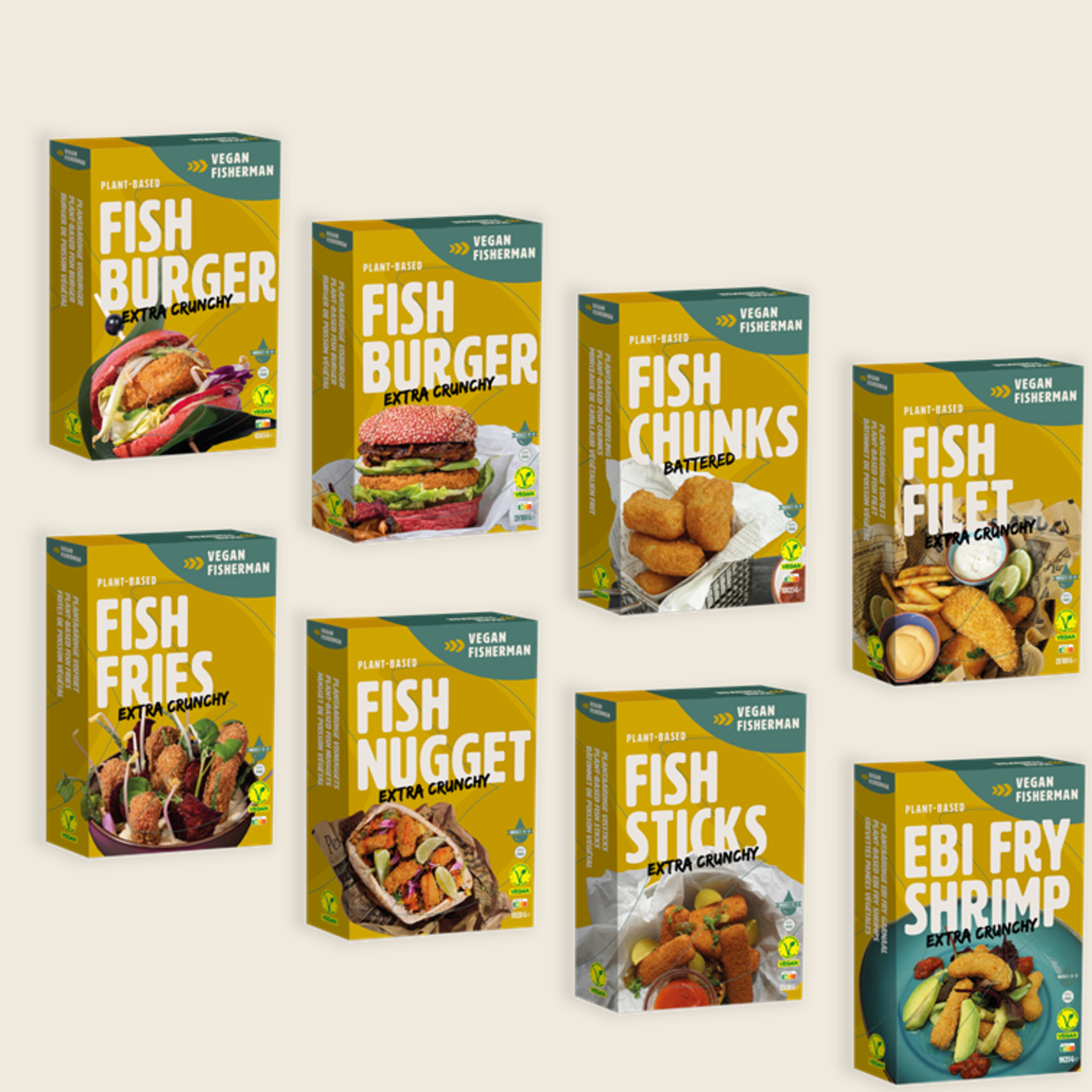 Vegan Visboer - Vegan Fisherman Proefpakket: Burgers 100 gr,  Filet, Visstick, Kibbeling, Garnaal, Visfriet, Burgers 65 gram, Nuggets