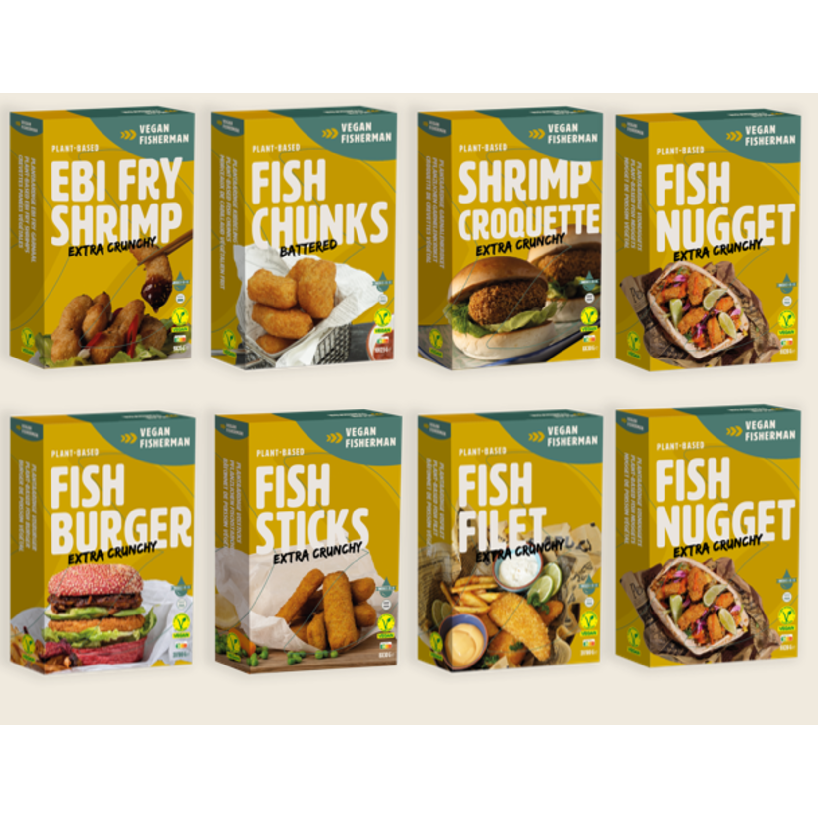 Vegan Visboer - Vegan Fisherman Tasting box: Burgers 100 gr, Filet, Fish Stick, Chunks, Shrimp,  Shrimp Croquette, 2x Nuggets.