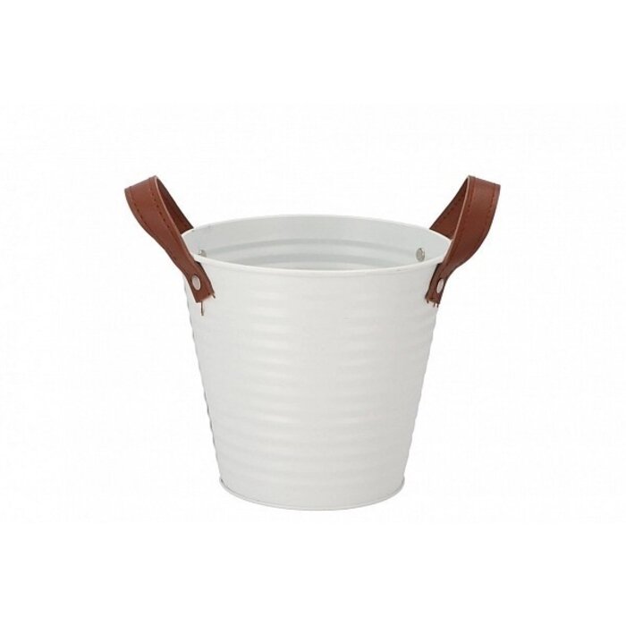 Zink-Übertopf weiß mit Ledergriffen | 16x15 cm
