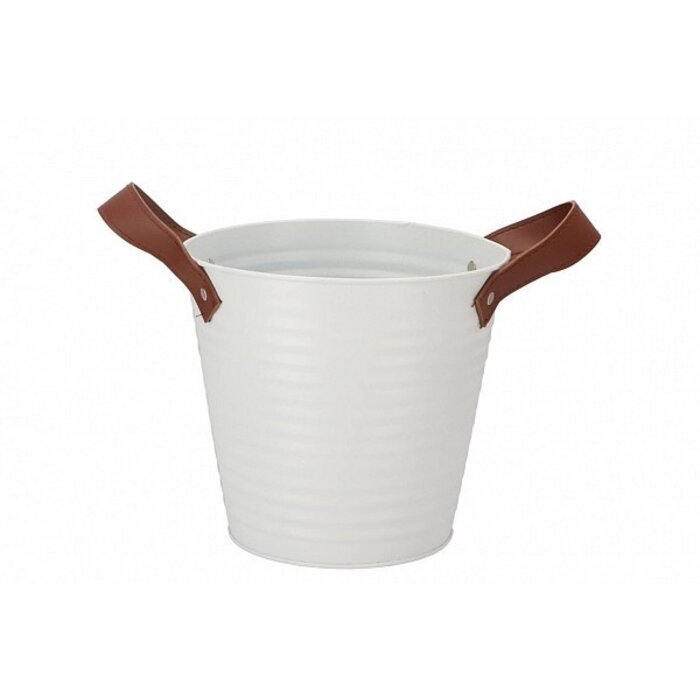 Zink-Übertopf weiß mit Ledergriffen | 18x17 cm