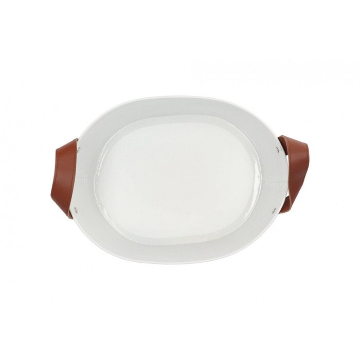 Flacher Zink-Übertopf oval weiß mit Ledergriffen | 23x18x12cm