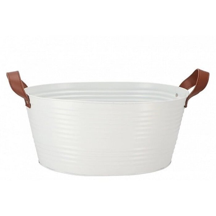 Flacher Zink-Übertopf oval weiß mit Ledergriffen | 29x22x16cm