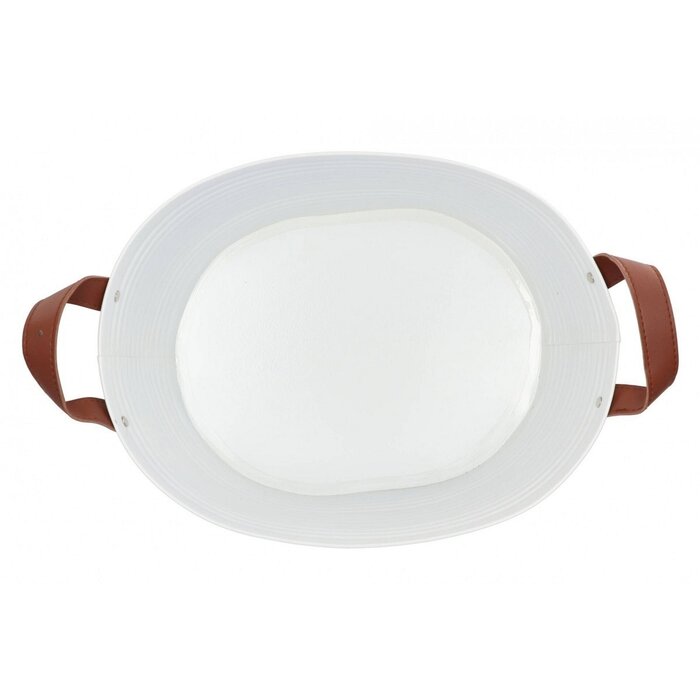 Flacher Zink-Übertopf oval weiß mit Ledergriffen | 29x22x16cm