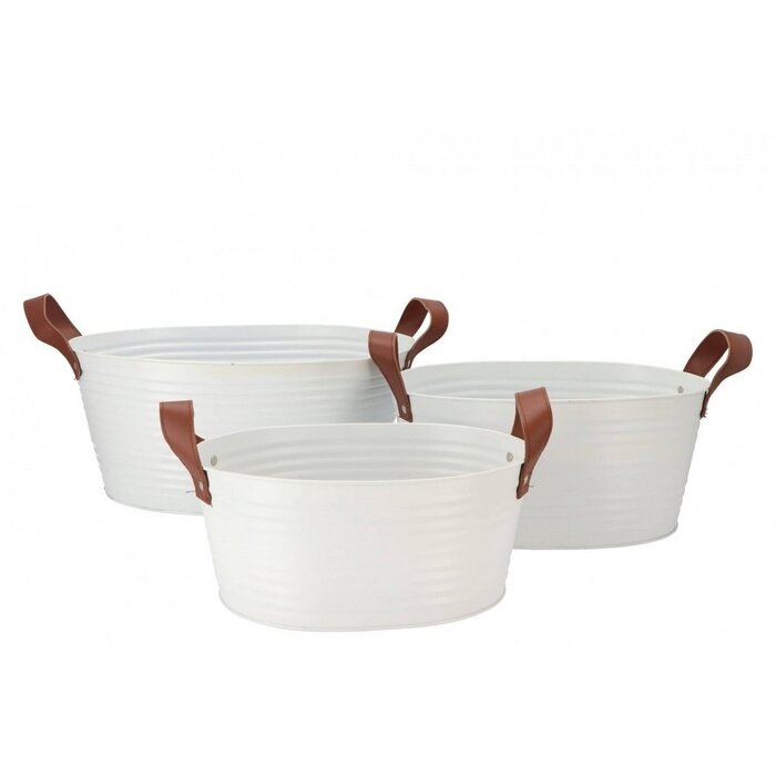 Flacher Zink-Übertopf oval weiß mit Ledergriffen | 29x22x16cm