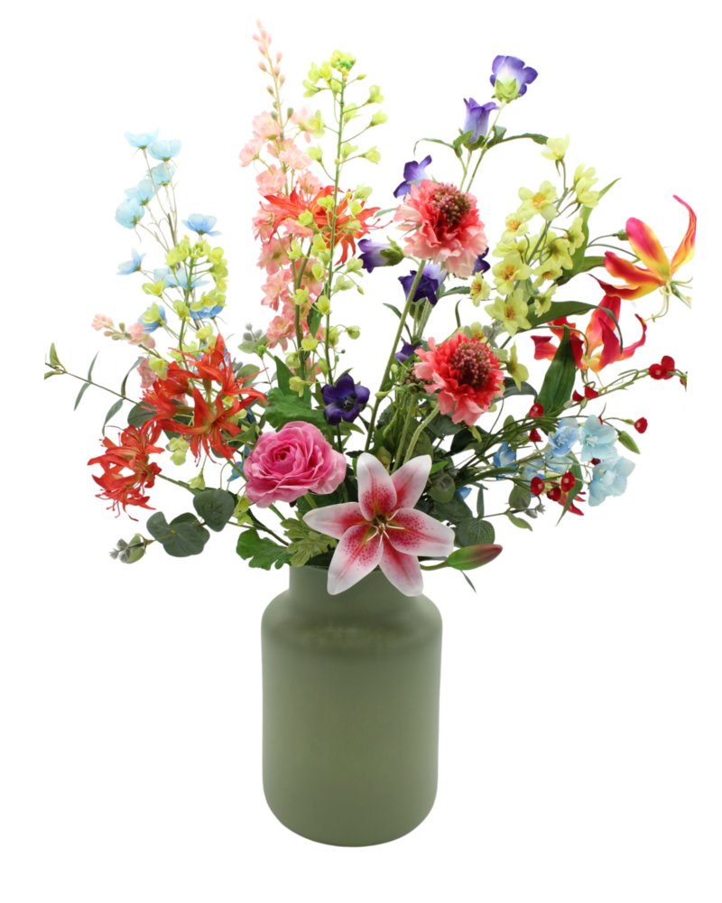Zijden kunstbloemen schikking Weelderig – 80 cm – Luxe mix van kleuren - Bloemenjunkie Zijden kunstbloemen schikking Weelderig – 80 cm – Luxe mix van kleuren - Bloemenjunkie