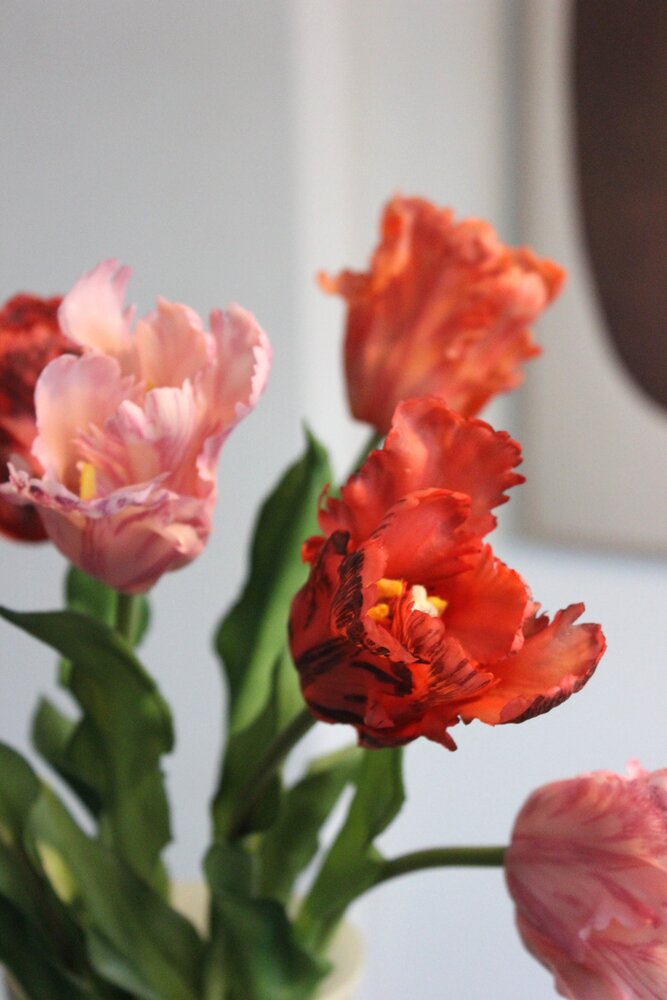 Zijden kunstbloemen boeket papegaai Tulpen  bont