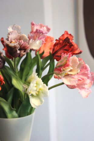 Zijden kunstbloemen boeket papegaai Tulpen  bont