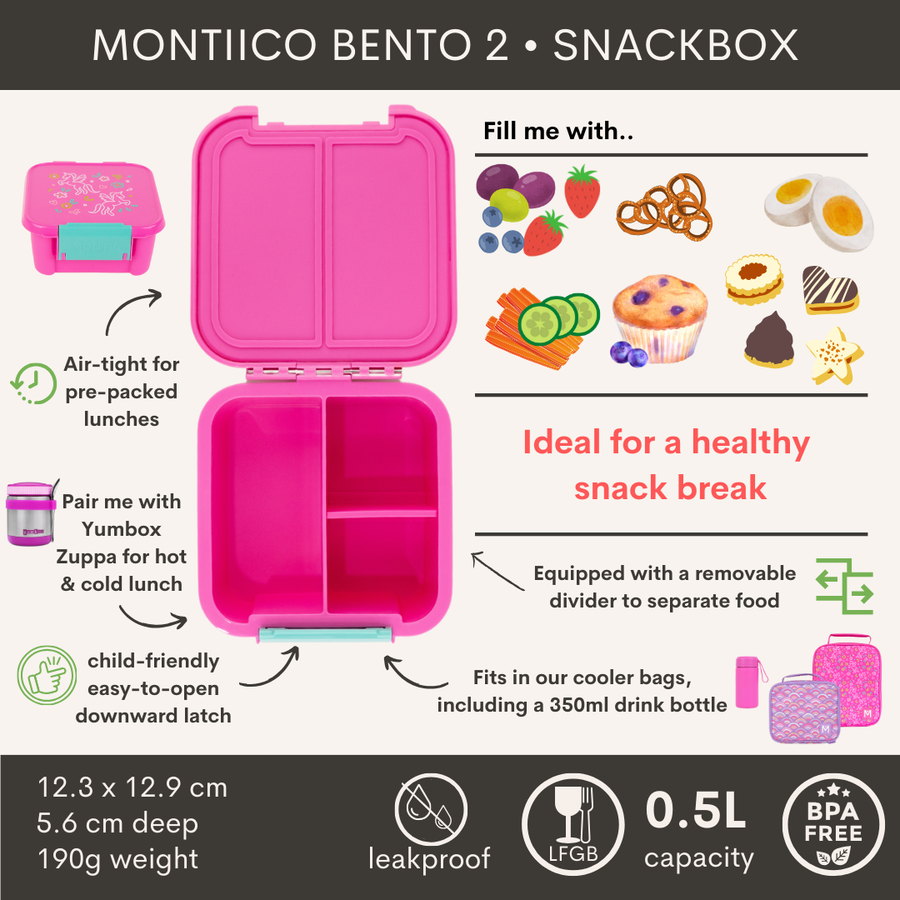 MontiiCo Bento 2 boîte à snacks - Contenant à snacks étanche - 2 compartiments