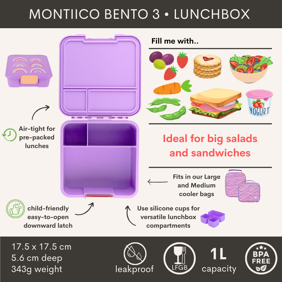 MontiiCo Bento 3 boîte à lunch - Boîte à repas étanche - 3 compartiments