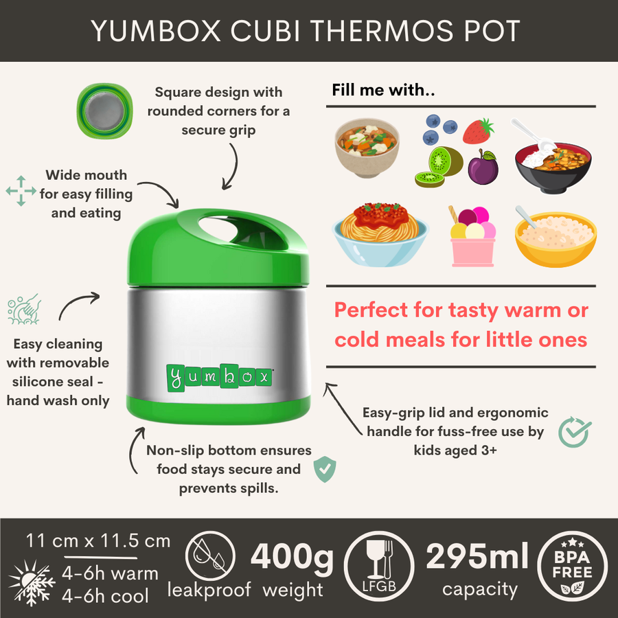 Jarre alimentaire isotherme Yumbox Cubi – Couvercle pratique avec poignée – Pour aliments chauds et froids – Disponible en plusieurs couleurs