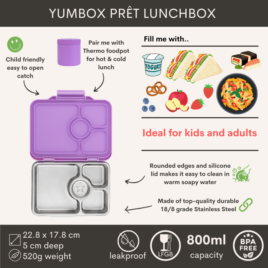 Yumbox Prêt Acier inoxydable - 4-compartiments - Boîte à lunch bento étanche - matériaux durables et sûrs pour les aliments