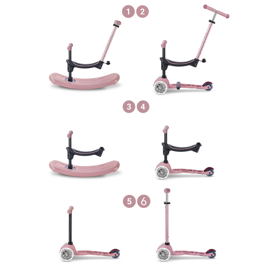 Mini Micro 6en1 trottinette Rock & Go LED Rose - multifonction : à bascule - porteur - trottinette | Rose