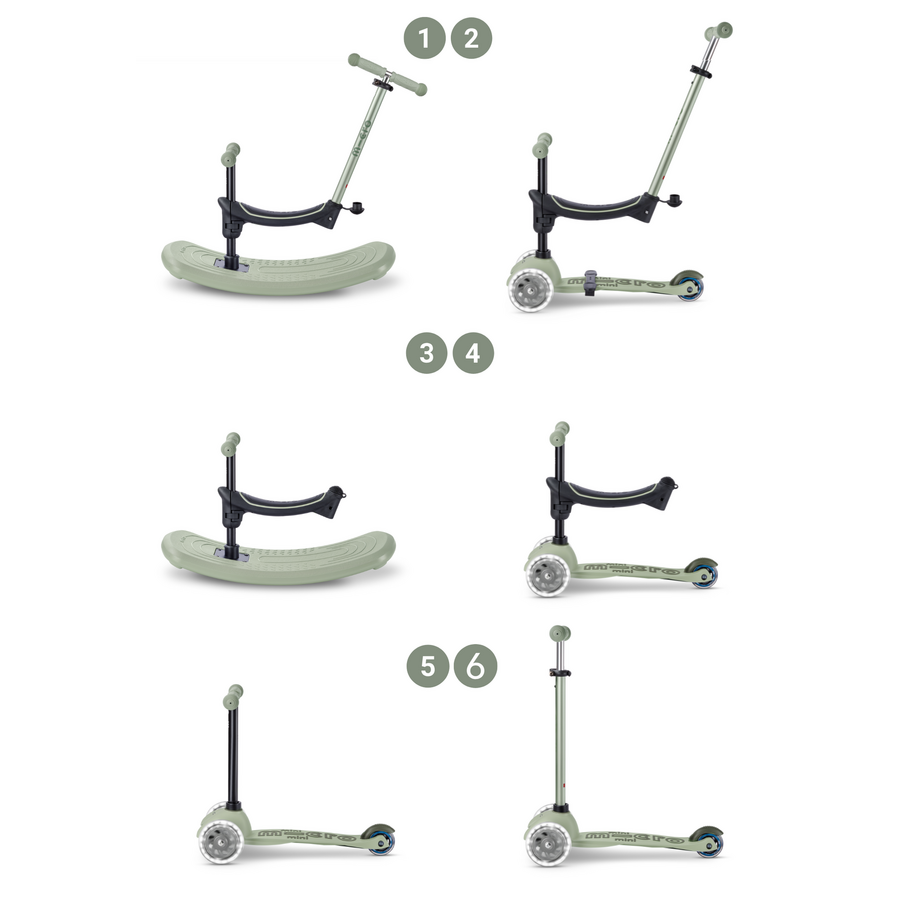 Mini Micro 6in1 scooter Rock & Go LED - Olive green- multifunctional: rocker - ride-on - scooter - Green