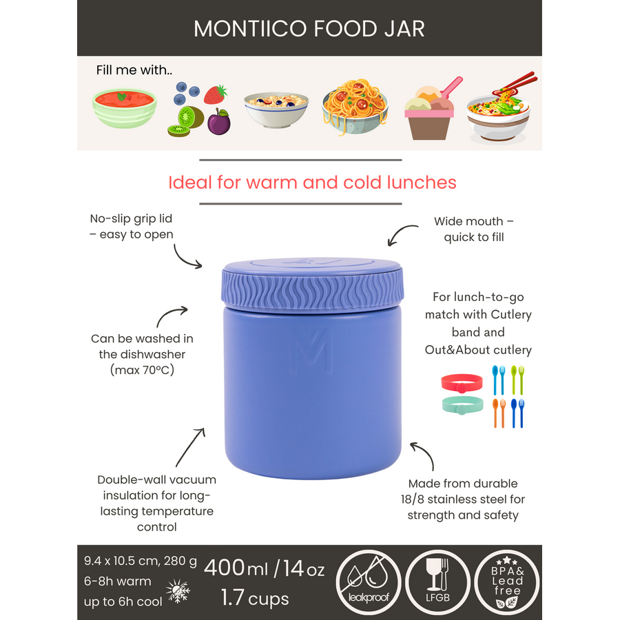 Jarre alimentaire isotherme MontiiCo - pour aliments chauds et froids - plusieurs couleurs