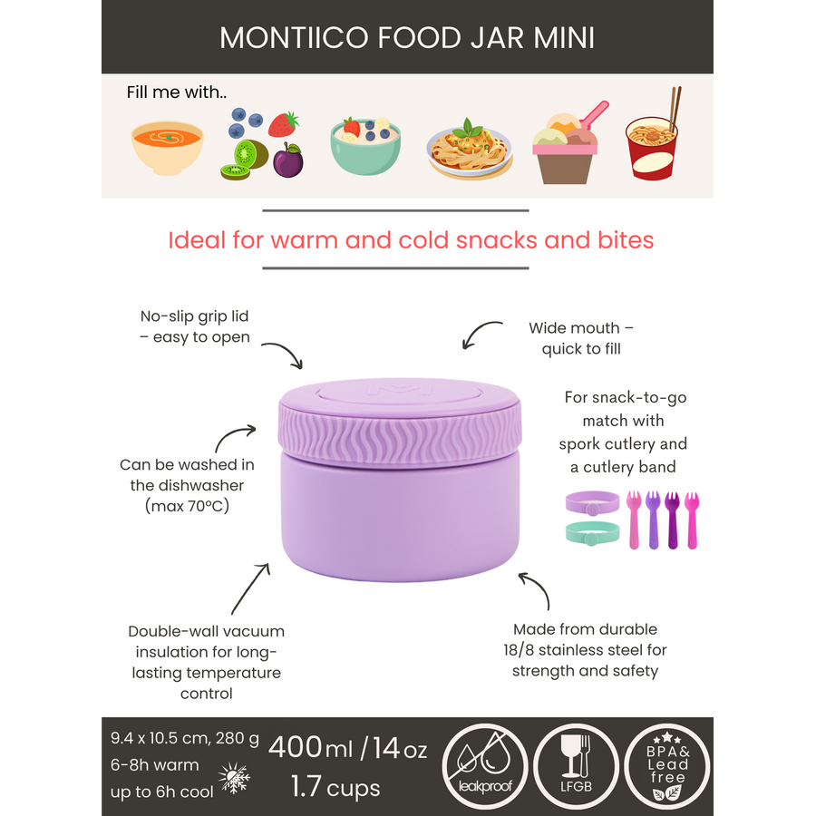 Mini jarre alimentaire isotherme  MontiiCo 200ml- pour collations chauds et froids - plusieurs couleurs