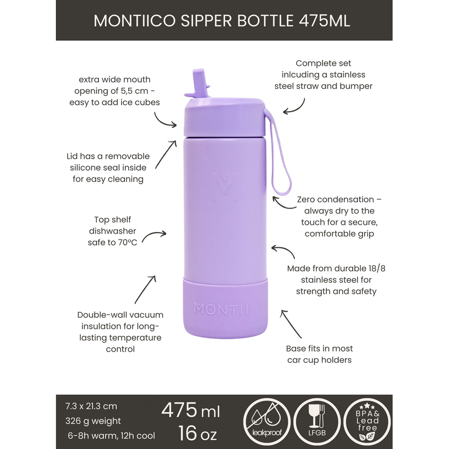 MontiiCo thermo Drinkfles Sipper - 475 ml - RVS - met draagriem, RVS rietje en bumper - Fusion range