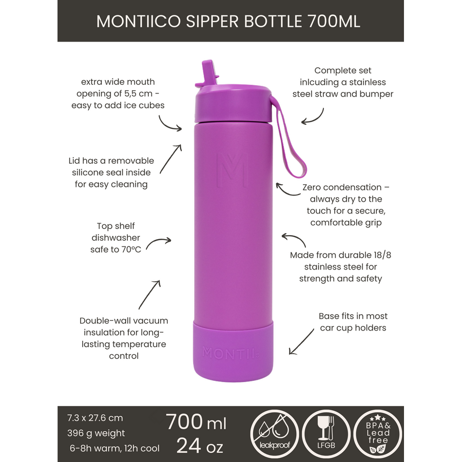 MontiiCo Thermo Drink Bottle Sipper – 700 ml – Stainless Steel – with carry strap, stainless steel straw and bumper – Fusion range