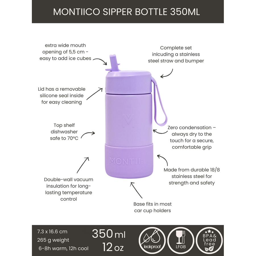 MontiiCo Bouteille Isotherme Sipper – 350 ml – Acier Inoxydable – avec sangle de transport, paille en inox et bumper – Gamme Fusion