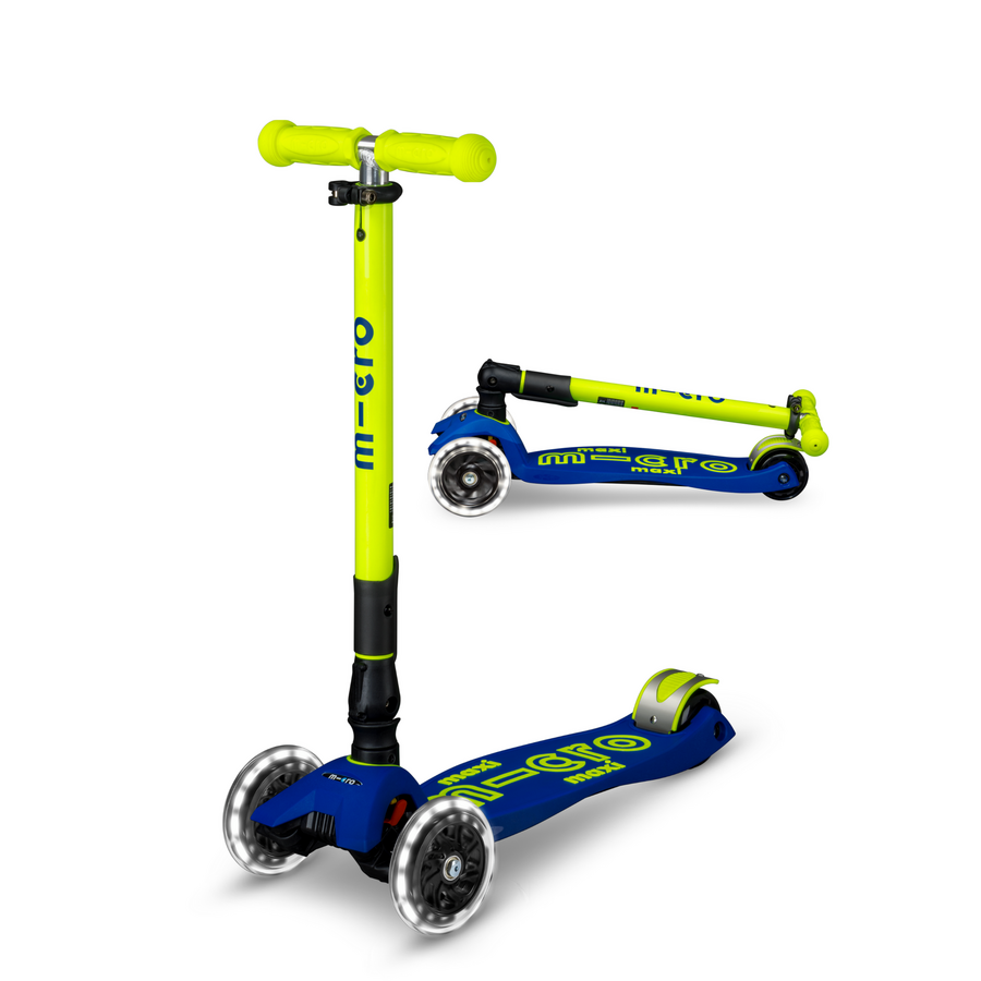 Maxi Micro step Deluxe inklapbaar LED - 3-wiel kinderstep - Blauw Geel Neon