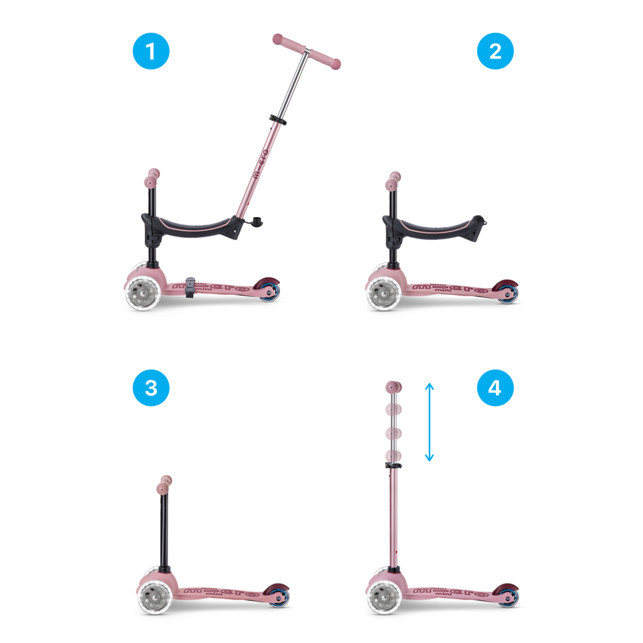 Trottinette Micro Mini2Grow Deluxe 2.0 LED - trottinette enfant 3 roues - 4en1 - Rose grisé