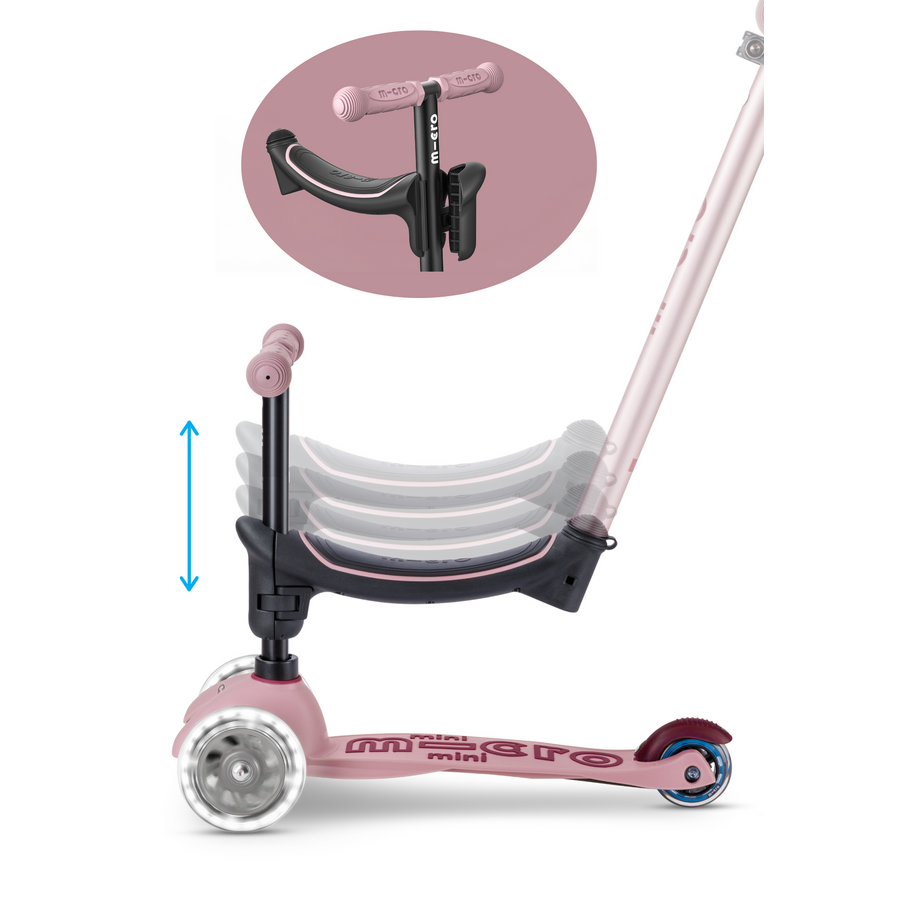 Trottinette Micro Mini2Grow Deluxe 2.0 LED - trottinette enfant 3 roues - 4en1 - Rose grisé