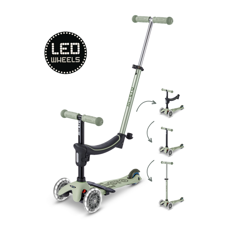 Trottinette Micro Mini2Grow Deluxe 2.0 LED - trottinette enfant 3 roues - 4en1 - Vert olive