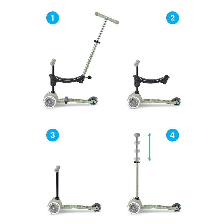 Trottinette Micro Mini2Grow Deluxe 2.0 LED - trottinette enfant 3 roues - 4en1 - Vert olive