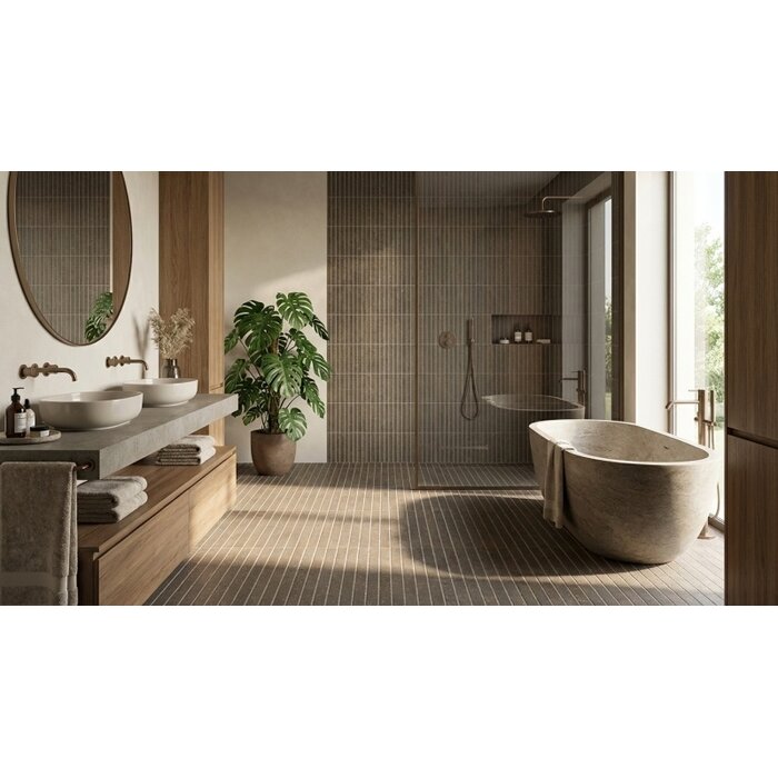 FAP Ceramiche Nobu Cocoa tratti mosaico 1x24 rond op net van 24x30,5