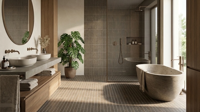 FAP Ceramiche Nobu Cocoa tratti mosaico 1x24 rond op net van 24x30,5
