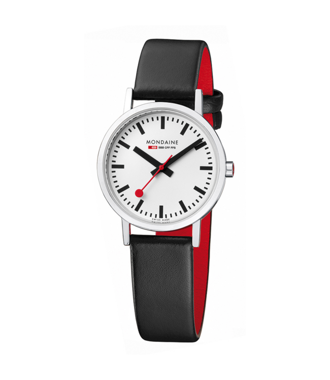 Mondaine Classic horloge - zilverkleurige kast - zwart leren band - 30 mm
