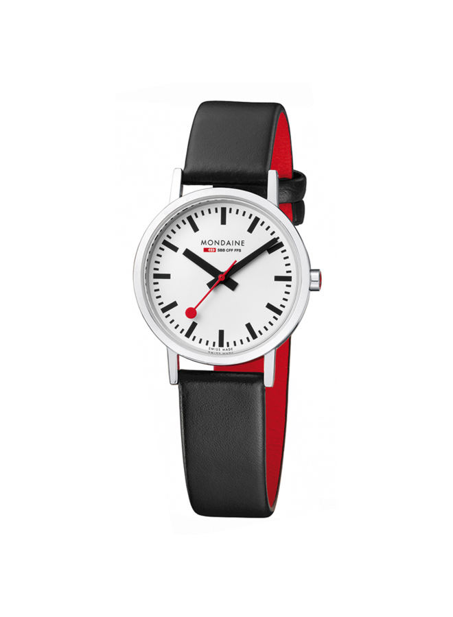 Mondaine Classic horloge - zilverkleurige kast - zwart leren band - 30 mm